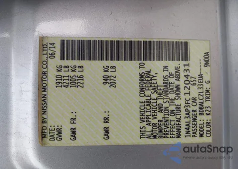 2015 Nissan Altima 2.5/2.5 S/2.5 Sl/2.5 Sv z USA, uszkodzony, nr VIN 1N4AL3AP3FC120431